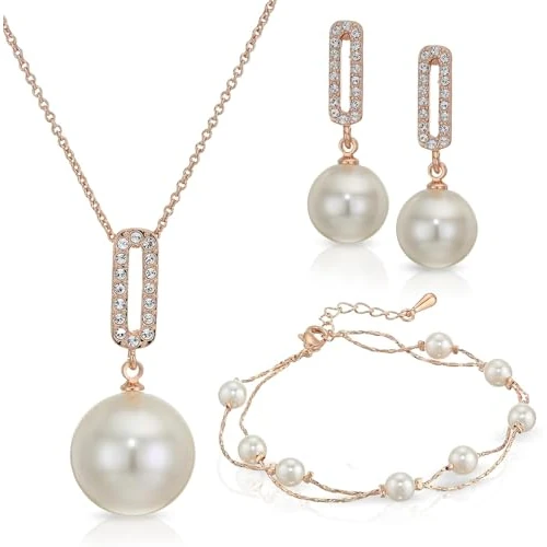 Offerta a tempo: Crystalline Azuria Donna 18ct Placcato Oro Rosa Perla simulata Bianca Parure Collana con Ciondolo 45 cm Orecchini Pendenti Bracciale - 0.00% da 45.10 € a 45.10 €