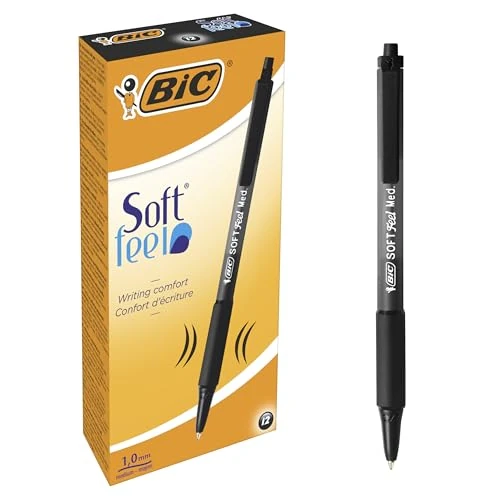 Bic Soft Feel Clic Grip - Bolígrafo de bola retráctil negro (trazo de 1 mm, 12 unidades)