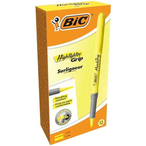 Offerta a tempo: BIC Highlighter Grip Penne Evidenziatore Gialle, Tecnologia Anti-Essiccazione e Punta a Scalpello per Tratti Spessi e Sottili, Confezione Da 12 - 39% da 10.96 € a 6.72 €