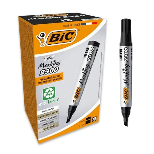 BIC Marking 2300 ECOlutions - Caja de 12 unidades, marcadores permanentes punta media biselada, color negro