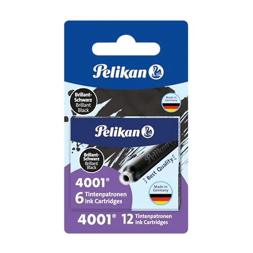 Pelikan 4001 Ink Cartridge TP/6, Gloss Black, 2x6 On Blister Card