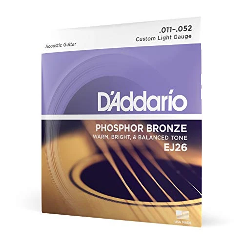 D'Addario Cordes Guitare Acoustique | Corde Guitare Folk | EJ26 | Cordes en bronze phosphoreux pour guitare acoustique avec revêtement | Custom Light 11-52