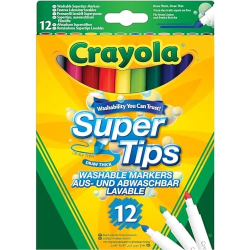 CRAYOLA - Super Tips, Pennarelli Lavabili Punta Media, Confezione da 12 Pezzi, per Scuola e Tempo Libero, Colori Assortiti, Età 3 +, 7509