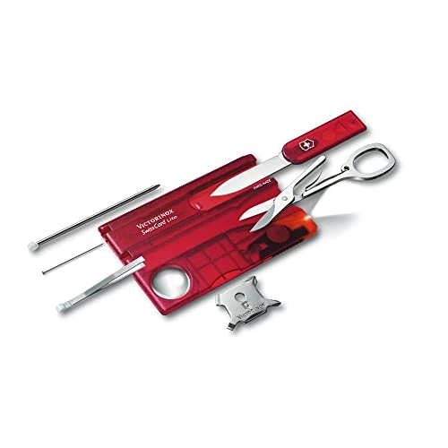 Victorinox Swiss Card Lite, Credit Card Knife, Multi Tool, 13 Functions, LED, Magnifier, Red Transparent