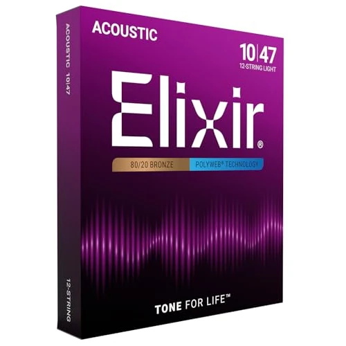 Corde per chitarra acustica a 12 corde bronzo 80/20 Elixir Strings con rivestimento POLYWEB, Light (.010-.047)