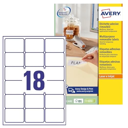 Offre limitée : AVERY - Pochette de 450 étiquettes autocollantes et amovibles, Personnalisables et imprimables, Format 63,5 x 46,6 mm, Impression laser / jet d'encre, (L6025REV-25) de 8.50 € à 13.39 € (-57.53% de remise)