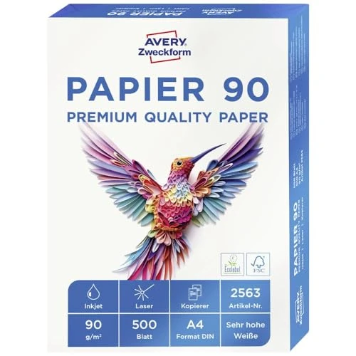 Avery Zweckform 2563 Papier Qualité premium pour imprimantes laser et jet d'encre Sans bois, blanc, vierge, pour copies, correspondance, impressions couleur A4, 90g 500 feuilles (Import Allemagne)