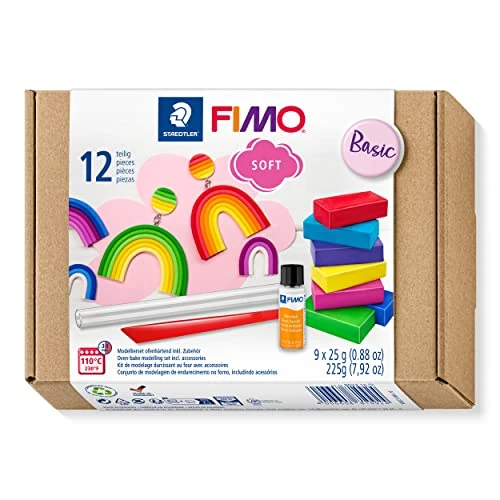 STAEDTLER FIMO Soft Basic Set. panetti colorati di pasta modellabile termoindurente, set da 9 colori da 25g, con vernice brillante e accessori, adatto per bambini dagli 8 anni, 8023 10