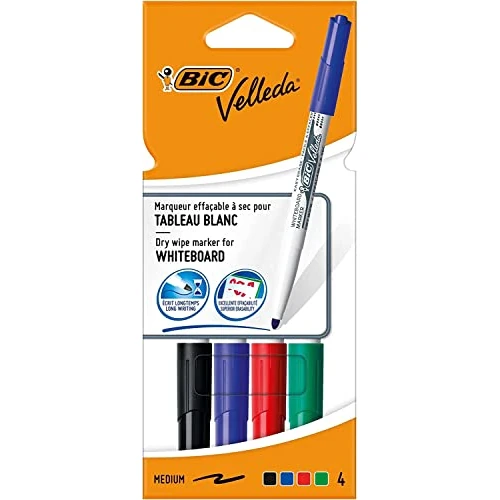 Offre limitée : BIC Velleda 1741 Feutres pour Tableau Blanc Effaçables à Sec Pointe Conique Moyenne - Couleurs Assorties, Pochette de 4 de 3.49 € à 3.49 € (0.00% de remise)