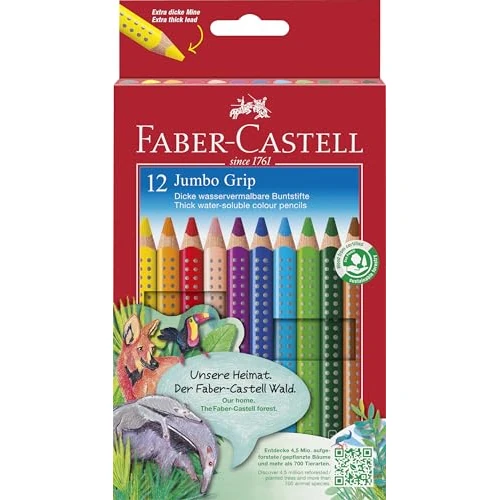 Offre limitée : Faber-Castell 110912 - Crayons de couleur Jumbo Grip pour enfants, 12 crayons avec grip et corps triangulaire, pigments solubles dans l'eau, facilement lavables et incassables de 21.99 € à 10.00 € (55% de remise)