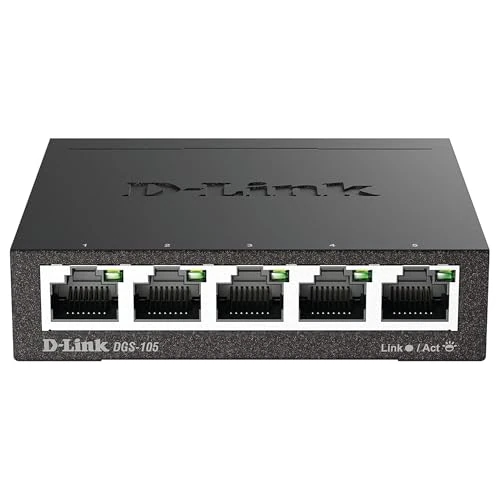 D-Link DGS-105 5-Port Layer2 Gigabit Switch (Tot 2000 Mbit/S Gegevensoverdracht Per Poort, Zonder Ventilator, Metalen Behuizing) Zwart, 5 Ports