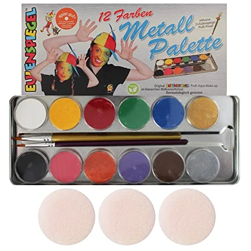 Tijdelijke aanbieding: Eulenspiegel 212004 Professionele Aqua make-up, 12 kleuren, 2 professionele penselen, metalen palet van 35.99 € naar 28.35 € (21% korting)
