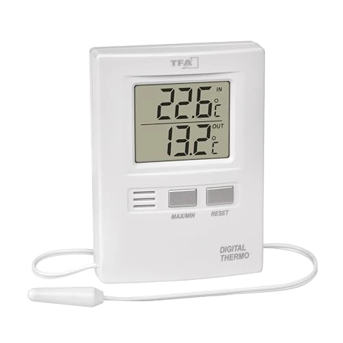 Offerta a tempo: TFA Dostmann Termometro digitale per interni/esterni con cavo (300 cm), 30.1012, display funzionale, valori massimi e minimi, temperatura interna ed esterna, bianco - 35% da 13.49 € a 8.80 €
