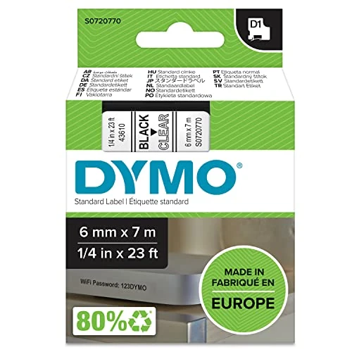 Offerta a tempo: DYMO D1 etichette originali | stampa nera su trasparente | 6 mm x 7 m | autoadesive | per etichettatrice di etichette LabelManager - 15% da 23.54 € a 19.98 €