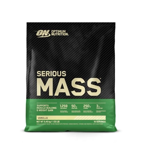 Optimum Nutrition Serious Mass Protein Powder with Creatine, Glutamine, 25 Vitamins and Minerals, Vanilla Flavour, 16 Servings, 5.45KG