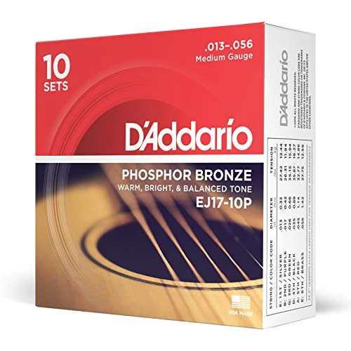 Limited offer: D'Addario Guitar Strings - Phosphor Bronze Acoustic Guitar Strings - EJ17-10P - Rich, Full Tonal Spectrum - For 6 String Guitars - 13-56 Medium, 10-Pack from 100.60 EUR to 75.45 EUR (save 25%)
