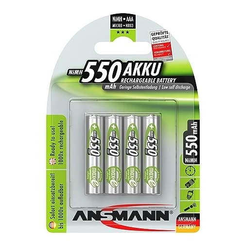 ANSMANN Akumulator AAA 550 mAh NiMH 1,2 V (4 sztuki) – baterie Micro AAA do ponownego ładowania, MaxE zapewnia wyjątkowo niski poziom samorozładowania do wieloletniego użytkowania