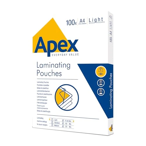 Offerta a tempo: Fellowes 6003201 Pouches per plastificazione Apex Light Duty formato A4, spessore sottile, Finitura lucida, ideali per avvisi e foto, confezione da 100 fogli - 51% da 12.14 € a 5.99 €