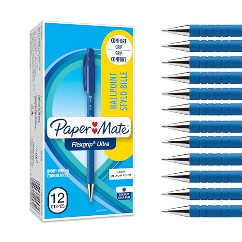 Paper Mate Flexgrip Ultra Ballpoint Pens | Medium Point (1.0mm) | Handwriting Pens & Stationery Supplies | Blue Pen Set | 12 Count