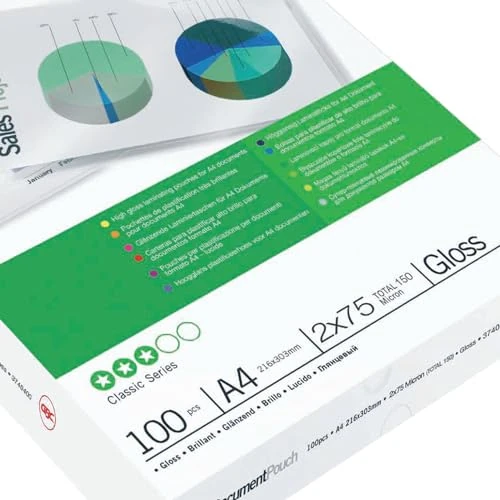 GBC 3740400 Pack 100 Bolsas de plastificar, A4, con brillo, 125 micras, adecuados para uso en oficina y casa, para proteger documentos importantes y fotografías