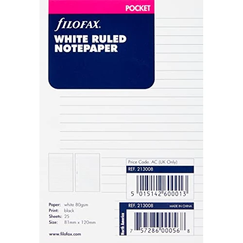 Offerta a tempo: FILOFAX POCKET RULED SHEETS WHITE 213008, bianco a righe per taccuino (213008) - 0.00% da 6.06 € a 6.06 €