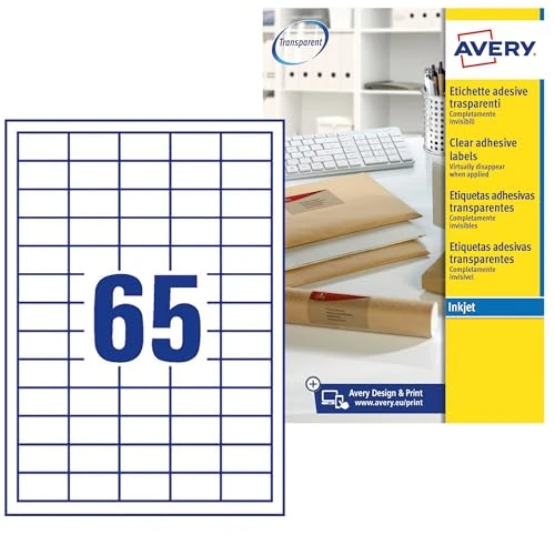 Offre limitée : AVERY - Pochette de 1625 étiquettes transparentes autocollantes, Personnalisables et imprimables, Format 38,1 x 21,2 mm, Impression jet d'encre, (J8551-25) de 40.93 € à 40.93 € (0.00% de remise)