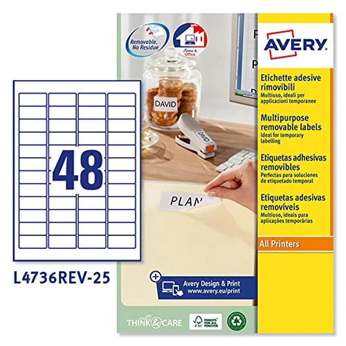 Offerta a tempo: Avery Italia L4736REV-25 Etichette adesive carta bianca adesivo rimovibile nessun residuo, 25 fogli A4, rettangolari 45,7x21,2mm, 48 etichette per foglio, adesivo rimovibile, stampanti laser e inkjet - 0.00% da 19.31 € a 19.31 €