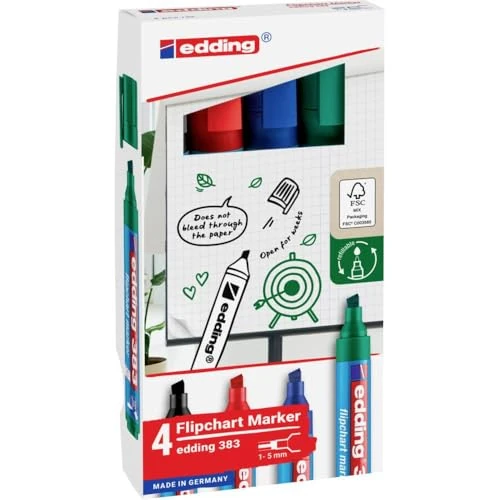 Offerta a tempo: Edding 383 Marcatore per flipchart punta a scalpello; Astuccio 4 pz.; Colori nero, rosso, blu, verde; Tratto 1-5 mm - 0.00% da 8.49 € a 8.49 €