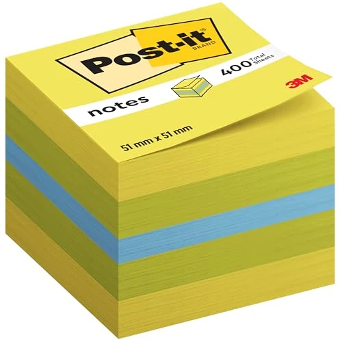 Post-it 34561 Mini Cubo di Foglietti Adesivi Riposizionabili, 51 x 51 mm, Multicolore (Verde/Giallo/Blu)
