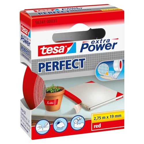 tesa extra Power Perfect - Ruban Adhésif Toilé - Ruban de Réparation pour Artisanat, Fixation, Renforcement et Étiquetage - Rouge - 2,75 m x 19 mm