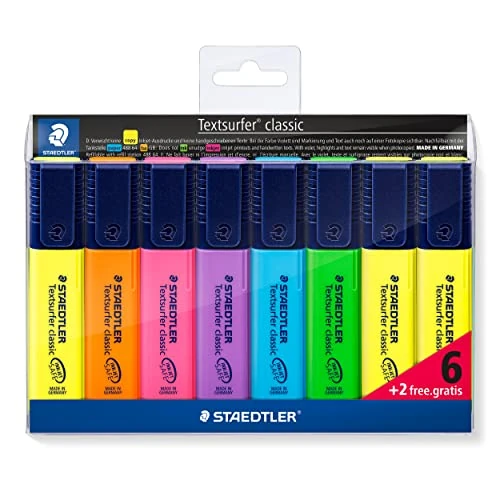 Limitiertes Angebot: STAEDTLER classic 364 A WP8 Textsurfer, hohe Qualität, mit großem Tintenspeicher für extra lange Markierleistung, Set mit 8 Textmarkern, Promotion 6 + 2 gratis, 8 Stück (1er Pack) von 6.83 EUR auf 5.49 EUR (Spare 20%)