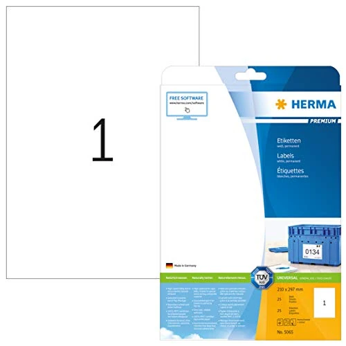 Offerta a tempo: HERMA Etichette Universali, 210 x 297 mm, Etichette Adesive A4 per Stampante, 1 Etichette per Foglio, Bianco - 52% da 17.94 € a 8.55 €