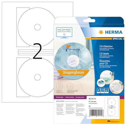 Zeitlich begrenztes Angebot: HERMA 5115 CD DVD Etiketten inkl. Zentrierhilfe blickdicht, 25 Blatt, Ø 116 mm MAXI, 2 pro A4 Bogen, 50 Stück, selbstklebend, bedruckbar, matt, blanko Papier Klebeetiketten Aufkleber, weiß von 14.95 € auf 12.40 € (17% Rabatt)