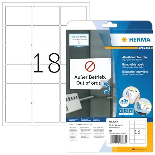 Offerta a tempo: HERMA Etichette Staccabili, 63,5 x 46,6 mm, Etichette Adesive A4 per Stampante, 18 Etichette per Foglio, Bianco - 0.00% da 17.95 € a 17.95 €