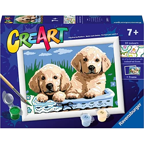 Offerta a tempo: Ravensburger CreArt: Cani Retriever – Dipingere con i Numeri per Bambini 7+ Anni, Kit Pittura con Tavole, Cornice, Pennello e Colori Inclusi, 14 x 19 cm, Idee Regalo - 33% da 11.90 € a 7.99 €