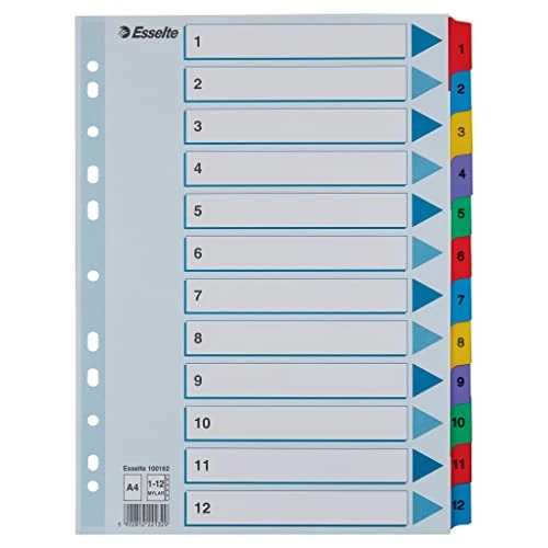Offre limitée : Esselte Intercalaires A4 1-12, Touches et Bande Perforée Renforcées en Mylar, Carton Résistant, Bleu, 12 Onglets avec Table des Matières, 100162 de 8.11 € à 8.11 € (0.00% de remise)