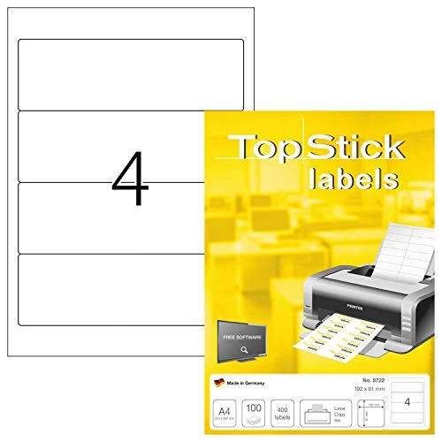 Offerta a tempo: TopStick Etichette autoadesive per dorso, 4 per foglio A4, 100 fogli, 192 x 61 mm, 400 etichette, adesive vuote per cartelle a leva, per stampanti laser e inkjet, bianco - 0.00% da 9.84 € a 9.84 €