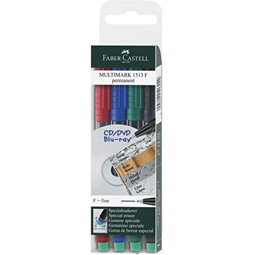 Faber-Castell 1513 04 - Marcatore permanente MULTIMARK, spessore: F, confezione da 4 pezzi, contenuto: 1x ciascuno rosso, blu, verde, nero