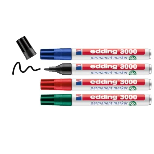 Offerta a tempo: Edding 3000 Marcatore Permanente, Nero, Blu, Rosso, Verde, Set 4Pz, Punta Tonda, Asciugatura Rapida, Impermeabile, per Cartone, Plastica, Legno, Metallo, Vetro - 0.00% da 14.69 € a 14.69 €