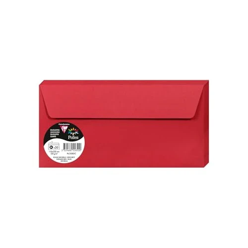 Offerta a tempo: Clairefontaine 5585C - Pacco da 20 Buste autoadesive - Formato DL 11x22cm - 120g/m² - Colore ribes rosso -Inviti Eventi e Corrispondenza - Gamma Pollen - Carta Premium Liscia - 22% da 9.99 € a 7.75 €