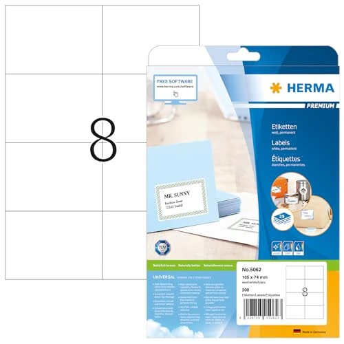 Offerta a tempo: HERMA Etichette Universali, 105 x 74 mm, Etichette Adesive A4 per Stampante, 8 Etichette per Foglio, Bianco - 0.00% da 17.95 € a 17.95 €