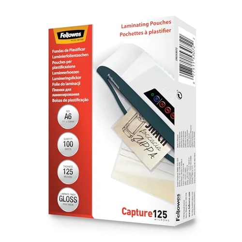 Offerta a tempo: Fellowes Pouches per plastificazione per documenti, formato A6, finitura lucida, confezione da 100 pezzi, 250 micron, 2x125 micron, Finitura di alta qualità, adatti per documenti di piccolo formato - 8% da 12.95 € a 11.94 €