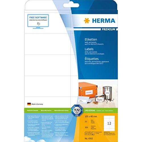 Limited-time offer: HERMA Self Adhesive Multi-Purpose Labels, 12 Labels Per A4 Sheet, 300 Labels for Laser and Inkjet Printers, 105 x 48 mm (4363), White from $26.44 to $26.44 (save 0.00%)