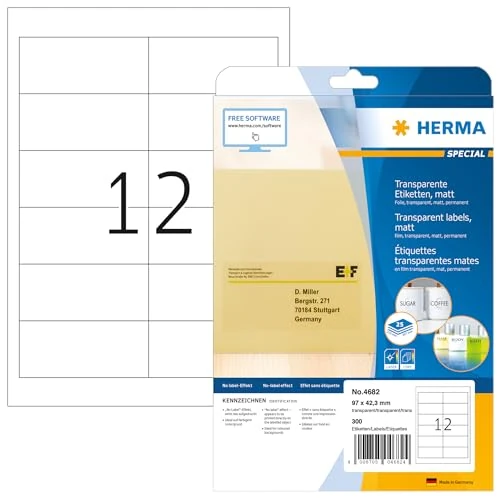 Limited-time offer: HERMA Self Adhesive Clear Film Labels, 12 Labels per A4 Sheet, 25 Sheets, 97 x 42.3 mm, 300 Labels, Blank Weatherproof Labels Stickers, Sticky Labels for Laser & Inkjet Printer, Transparent from 11.79 £ to 11.79 £ (save 0.00%)