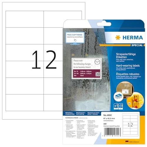 Limited offer: Herma Self Adhesive Heavy Duty Weatherproof Foil Labels, 12 Labels Per A4 Sheet, 300 Labels for Laser Printers, 97 x 42.3 mm (4692) from 38.79 EUR to 38.79 EUR (save 0%)