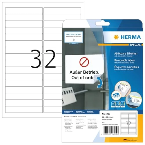 Tijdelijke aanbieding: HERMA 4209 universele etiketten A4 afneembaar (96 x 16,9 mm, 25 velles, papier, mat) zelfklevend, bedrukbaar, verwijderbaar en opnieuw klevende etiketten, 800 etiketten voor printer, wit van 11.44 € naar 11.44 € (0.00% korting)