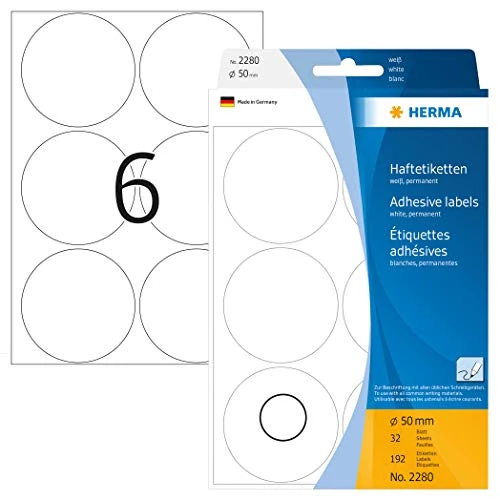 Offre limitée : Herma 2280 Étiquettes universelles diamètre 50 mm 192 pièces Blanc de 9.95 € à 9.22 € (7% de remise)