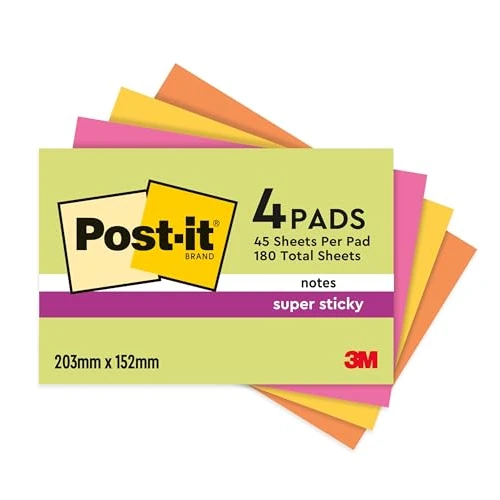 Offre limitée : Post-it Notes Autocollantes Super Sticky, Grand Format, Pack de 4 Blocs, 45 Feuilles par Bloc, 203 mm x 152 mm - Feuillets Super Adhésifs pour Prise de Notes, Listes de Tâches et Rappels de 15.68 € à 15.20 € (3% de remise)
