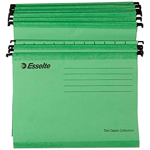 Offerta a tempo: Esselte The Classic Collection, 25 pezzi Cartelle sospese rinforzate A4 per cassetti 330-V fondo 3cm, per organizzare documenti, con etichette e portaetichette, in Carta Riciclata 100%, Verde, 90318 - 16% da 28.84 € a 24.29 €