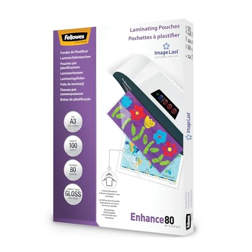 Offerta a tempo: Fellowes fogli plastificatrice A3 Enhance80, buste per plastificatrice formato A3, 80 Micron, confezione da 100 pouches per plastificare - 34% da 22.99 € a 15.10 €